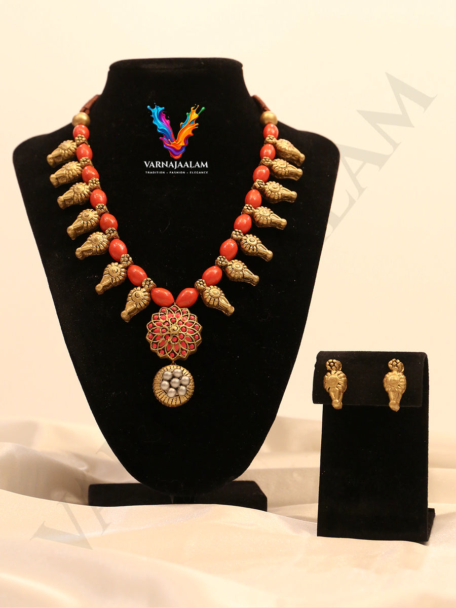 Rohini Antique Gold Bud & Crimson Mandala Terracotta Jewellery