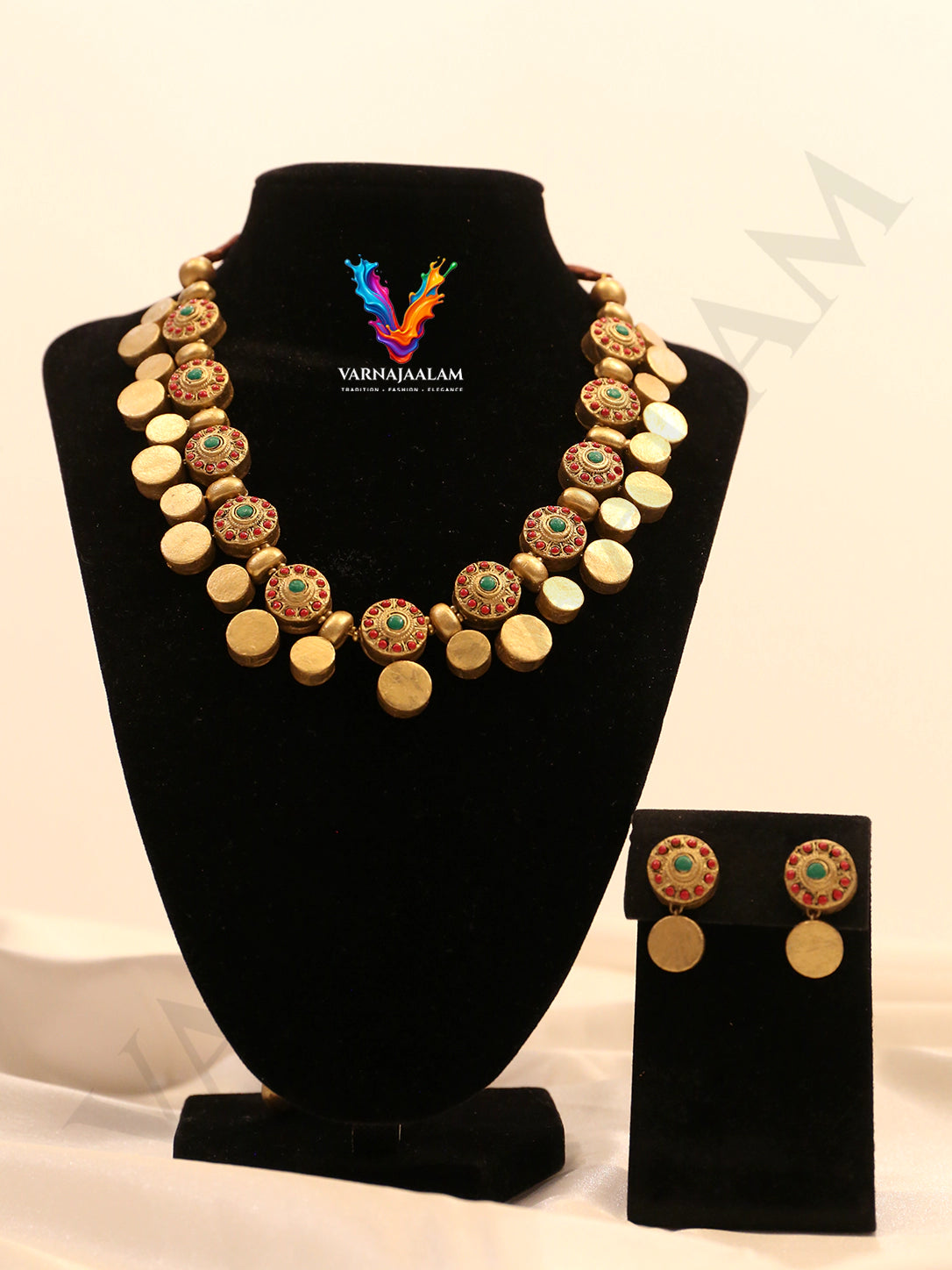 Pallavi Antique Gold Chakra & Crimson-Green Terracotta Jewellery