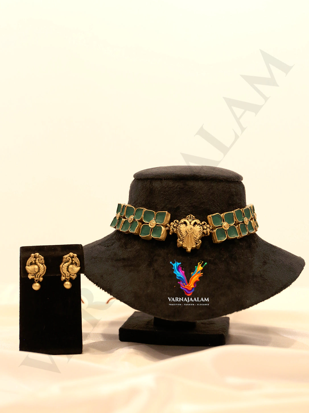 Green floral terracotta choker necklace set with antique gold peacock pendant and matching earrings