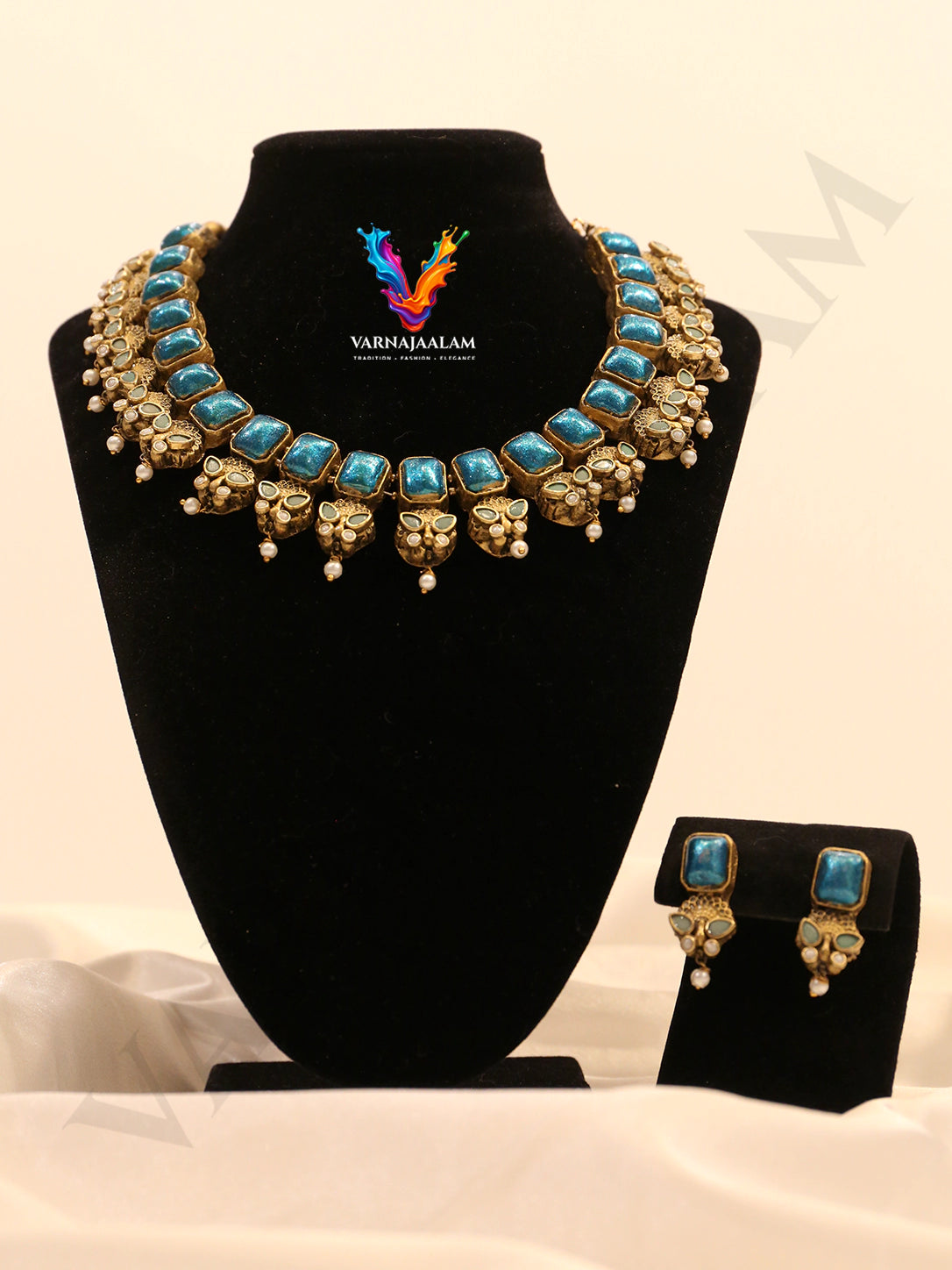 Terracotta metallic blue square glass bead choker with antique floral accents, pearl drops, and matching stud earrings