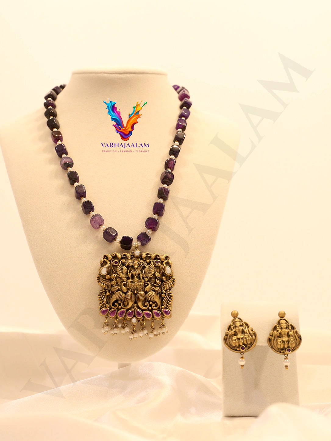 Terracotta long mala with deep purple amethyst-style beads, antique square Lakshmi temple pendant, pearl drops, and matching earrings